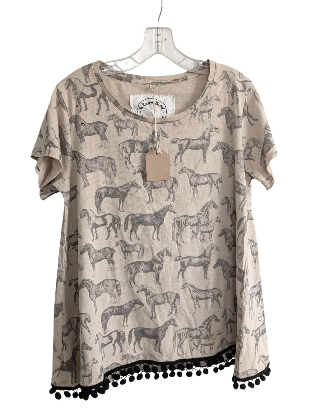 A Rare Bird Horse Print Distressed Pom Pom Hem Top, Small